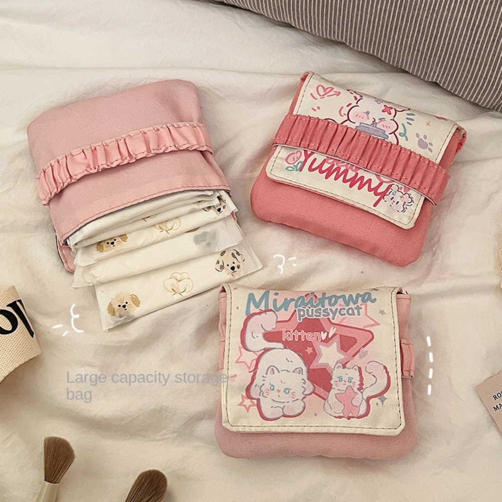 Cable Organizer Bag - ใหม่สายเคเบิลข้อมูลออแกไนเซอร์ ถุงใส่ผ้าอนามัย ความจุขนาดใหญ่ กระเป๋าเครื่องสำอางอเนกประสงค์ การ์ตูนลูกแมว กระเป๋าใส่ผ้าเช็ดปาก