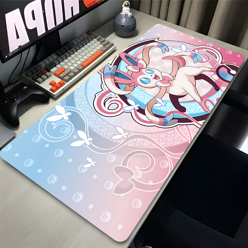 Tech Accessories For Desk - แผ่นรองเมาส์สีชมพูขนาดใหญ่ XXL อุปกรณ์เสริมคอมพิวเตอร์สำหรับเล่นเกม P-pokemon Sylveon แผ่นรองคีย์บอร์ดสำหรับวางโต๊ะ