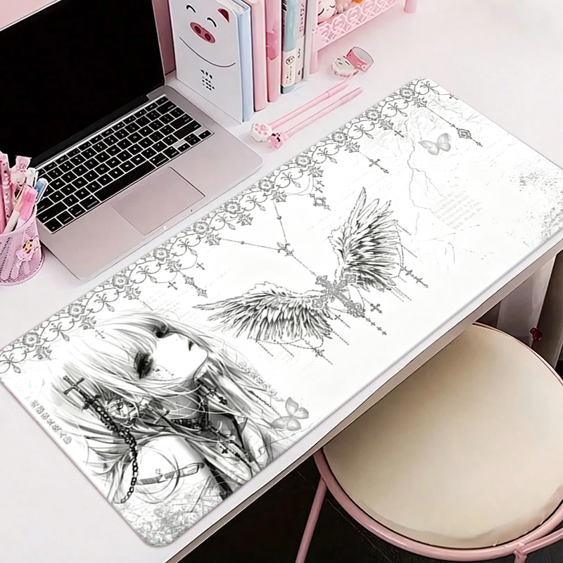 Tech Accessories For Desk - แผ่นรองเมาส์หนังสีดำสีขาวอะนิเมะความงามของสาวนางฟ้าแผ่นรองเมาส์อุปกรณ์สำนักงานคีย์บอร์ดเกมพีซีอีสปอร์ต HD แผ่นรองโต๊ะ